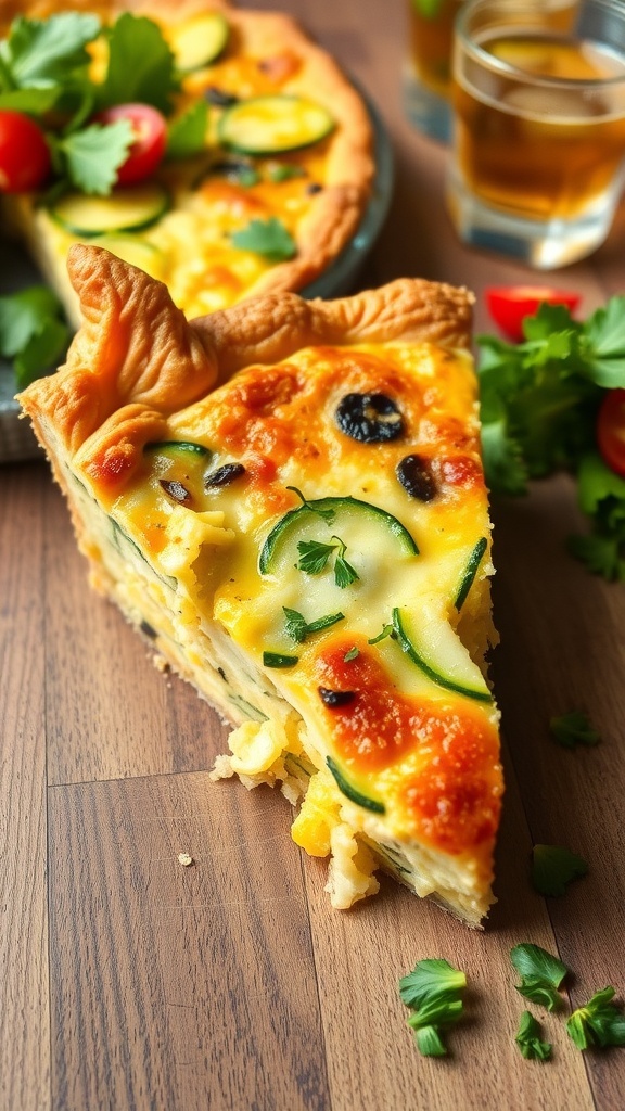 A slice of zucchini quiche with a golden crust, filled with zucchini and cheese, served on a wooden table with a salad.